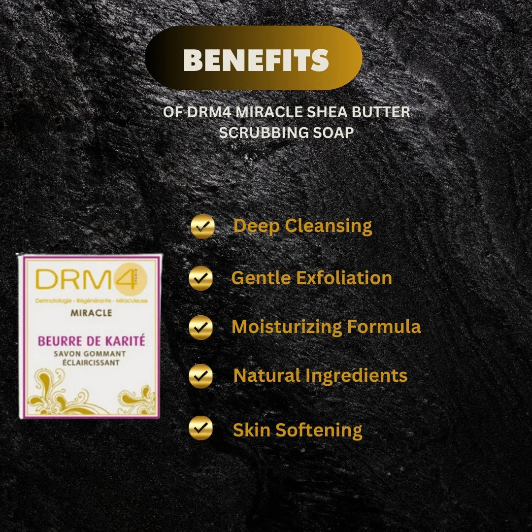 DRM4 Miracle Shea Butter Cleansing Soap in 7oz with creamy lather and shea butter ingredients, shown in a clear soap bar form