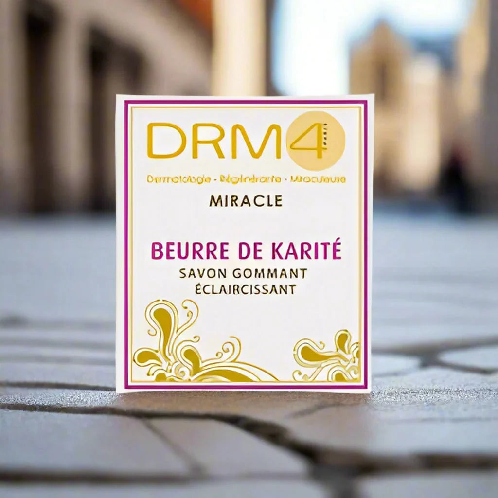 DRM4 Miracle Shea Butter Cleansing Soap 7oz showing a bar of creamy soap with shea butter ingredients on packaging