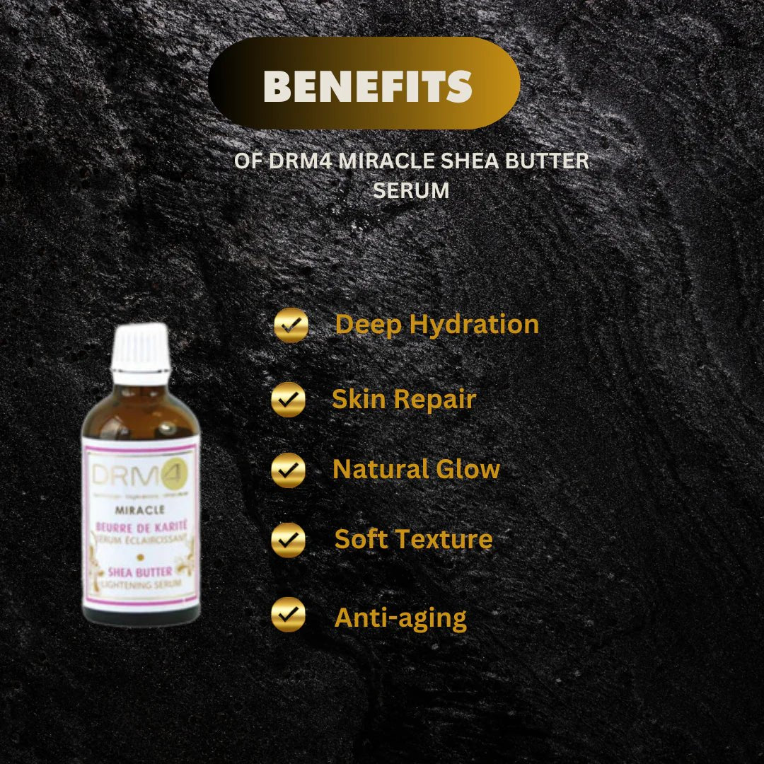 DRM4 Miracle Shea Butter Nourishing Serum in 1.66oz bottle, smooth texture, and golden color, designed for skin hydration and care.