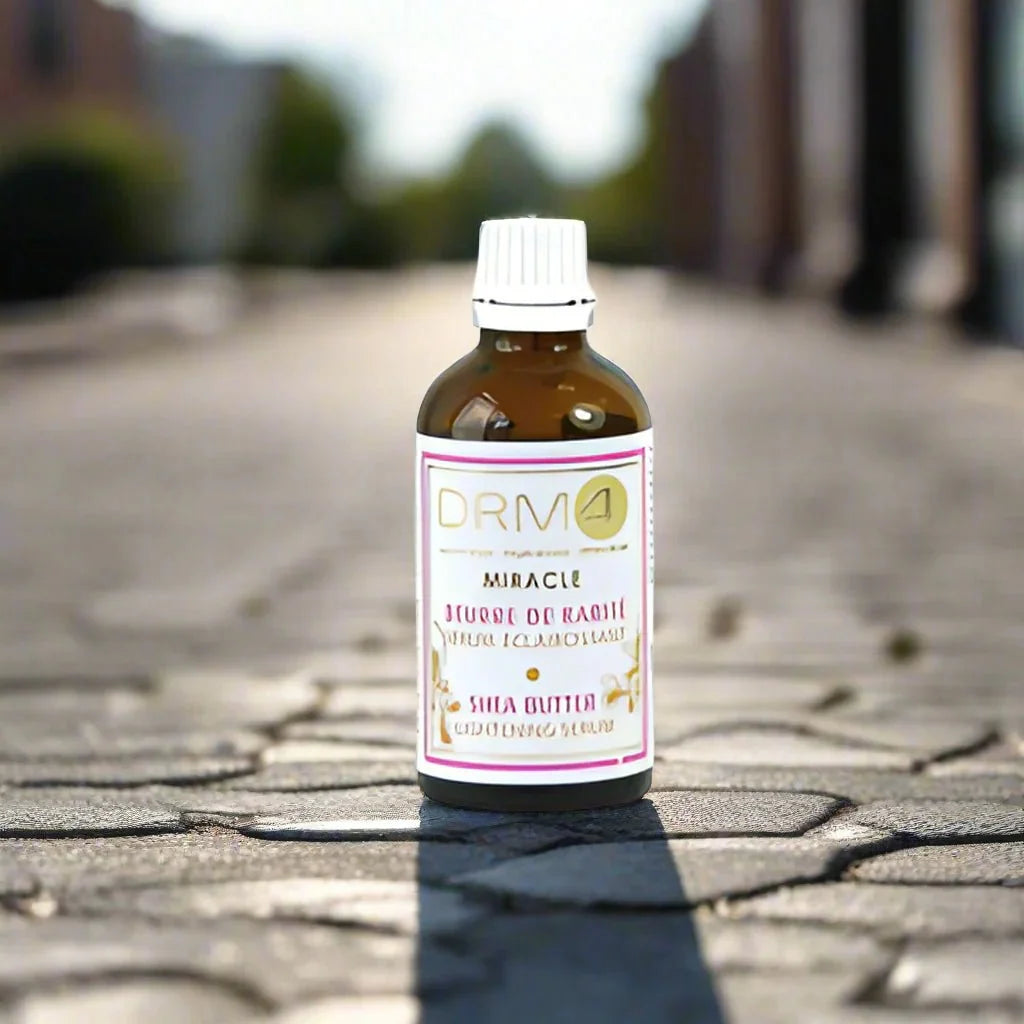 DRM4 Miracle Shea Butter Nourishing Serum in 1.66 oz bottle, featuring a sleek design and clear labeling on the packaging.