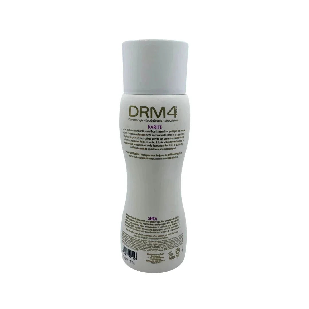 DRM4 Shea Butter Nourishing Milk bottle, 16.8oz, moisturizing skincare product with creamy white liquid inside a plastic bottle