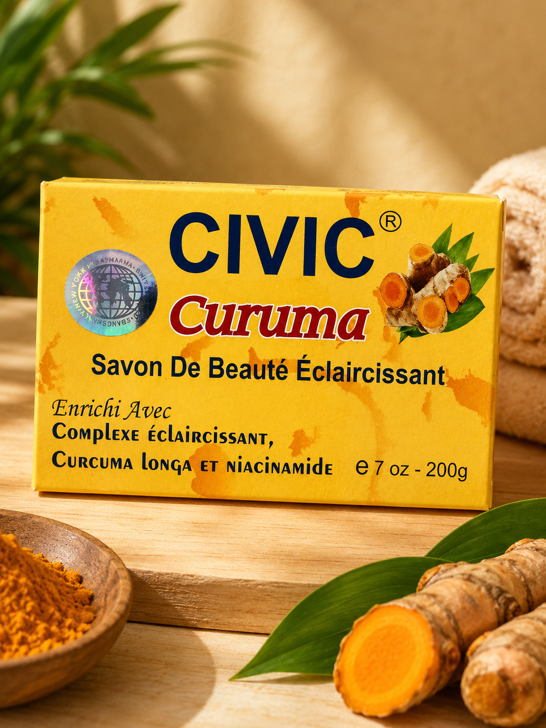 Civic Turmeric Soap 7 oz / 200 g with a natural turmeric-infused soap bar showing golden color and smooth texture.