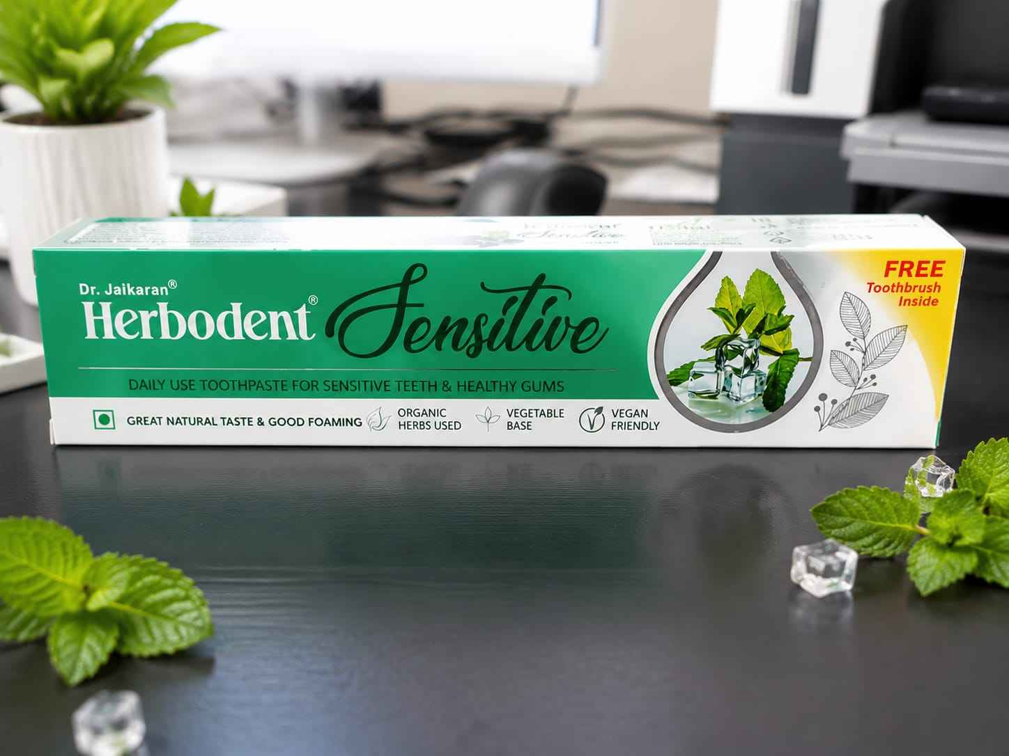 Herbodent Sensitive fluoride-free toothpaste tube for daily oral care, featuring herbal ingredients and gentle whitening.