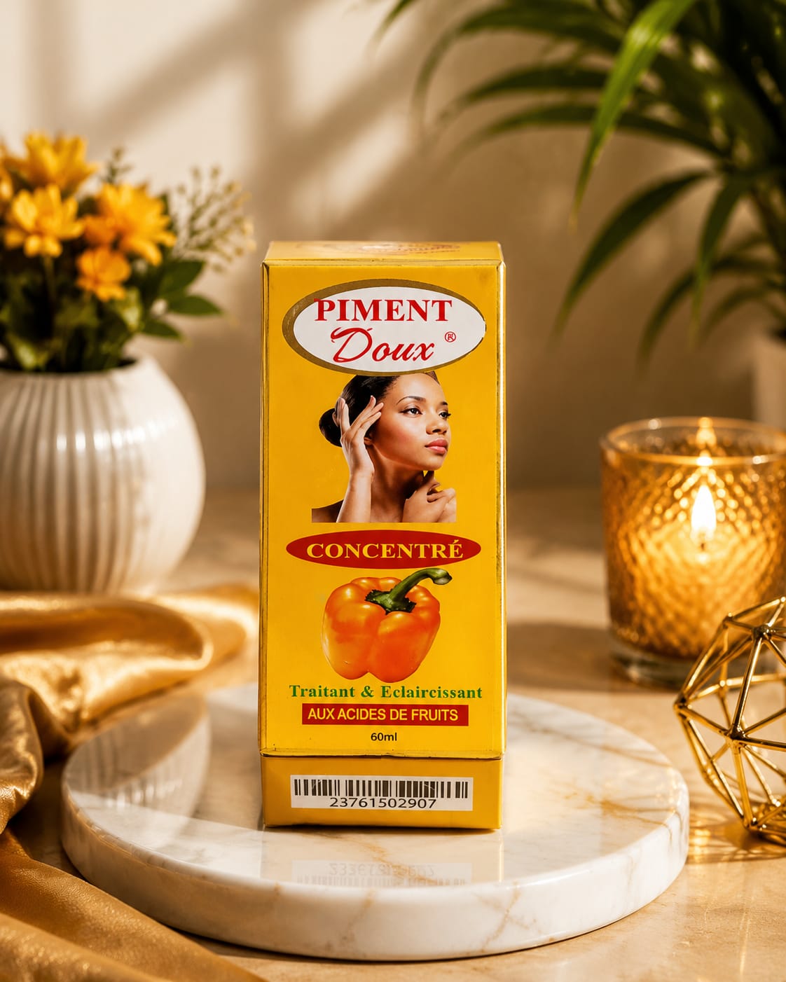 Piment Doux Piment Doux Serum with botanical extracts in a 60 ml bottle, shown with botanical ingredients and packaging.