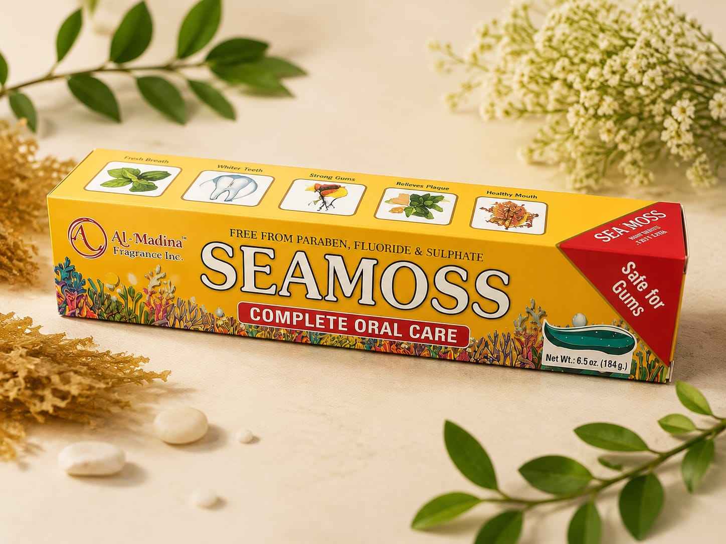 Sea Moss toothpaste in a 184g tube by Seamoss, showing the toothpaste tube with sea moss extract packaging.