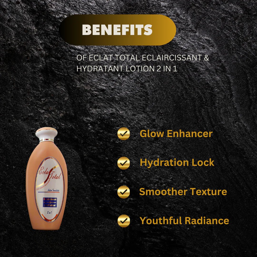 Eclat Total 2-in-1 Hydrating and Smoothing Body Lotion bottle, 500ml, with a sleek design and label visible.