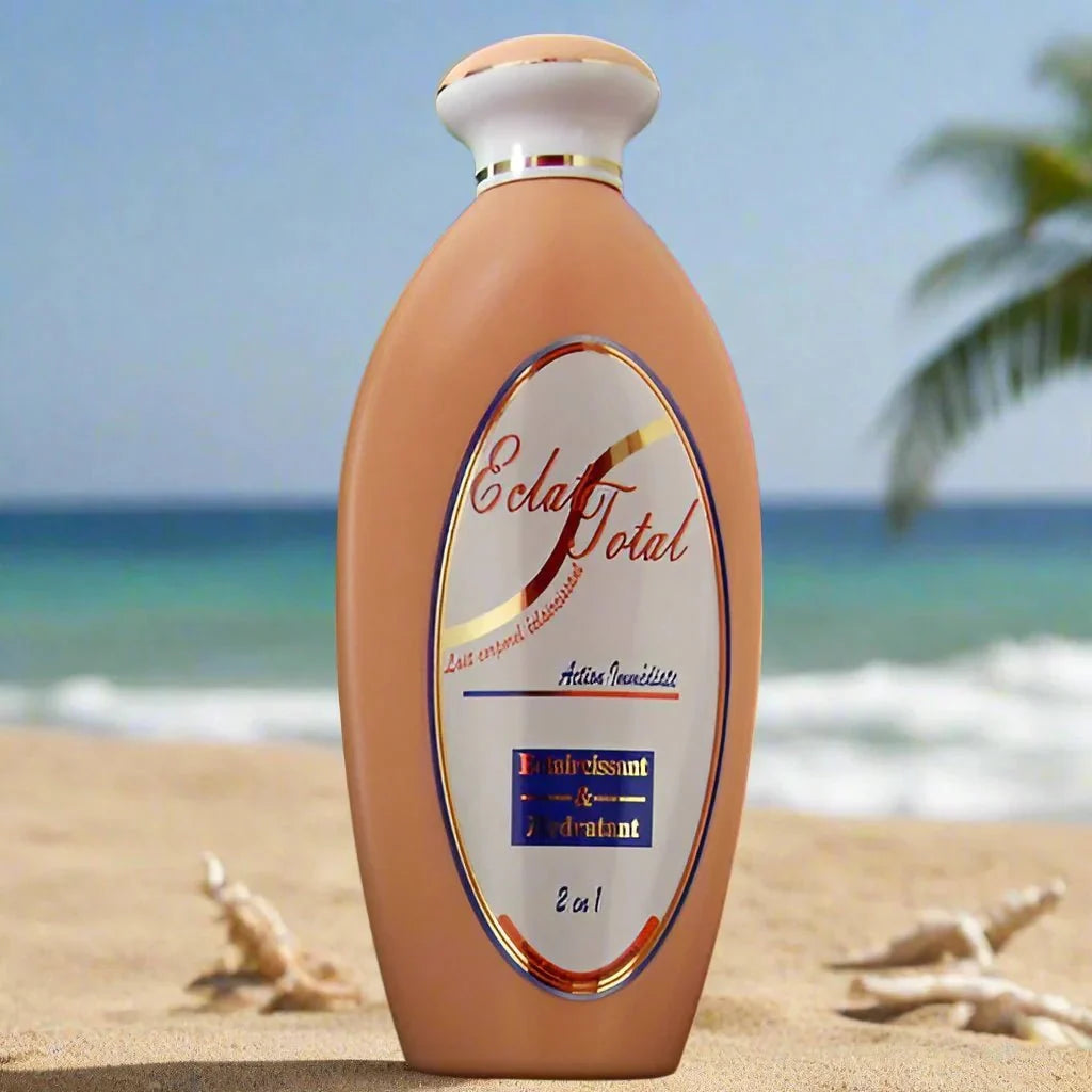 Eclat Total 2-in-1 hydrating and smoothing body lotion bottle, 500ml, with a sleek design and pump dispenser.