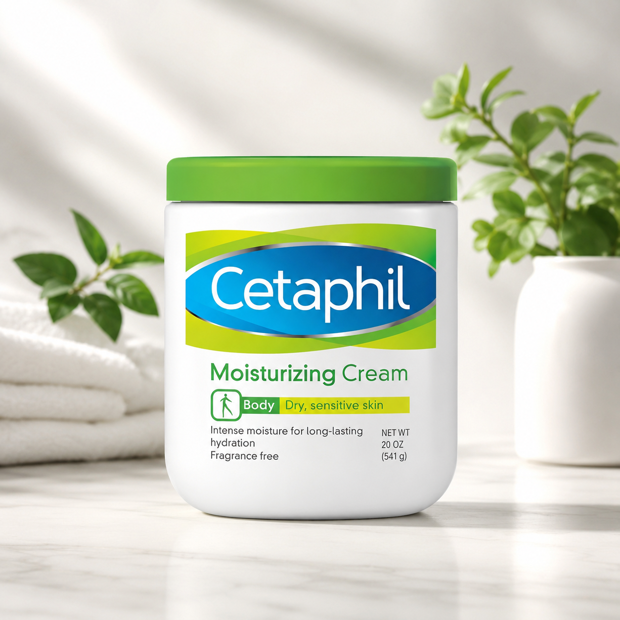 Cetaphil Moisturizing Cream for dry and sensitive skin in a 20 oz jar, with a smooth, white cream visible inside