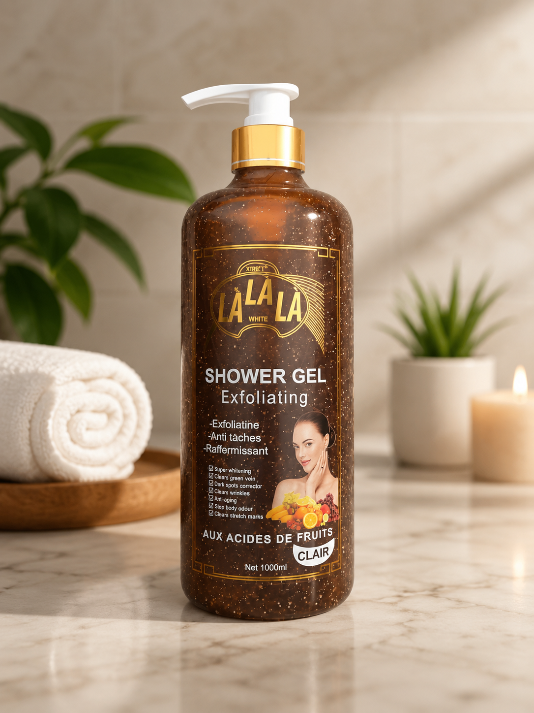 Lalala White Apricot Shower Gel with Fruit Acids in a 1000ml bottle, featuring a white and apricot-colored label.