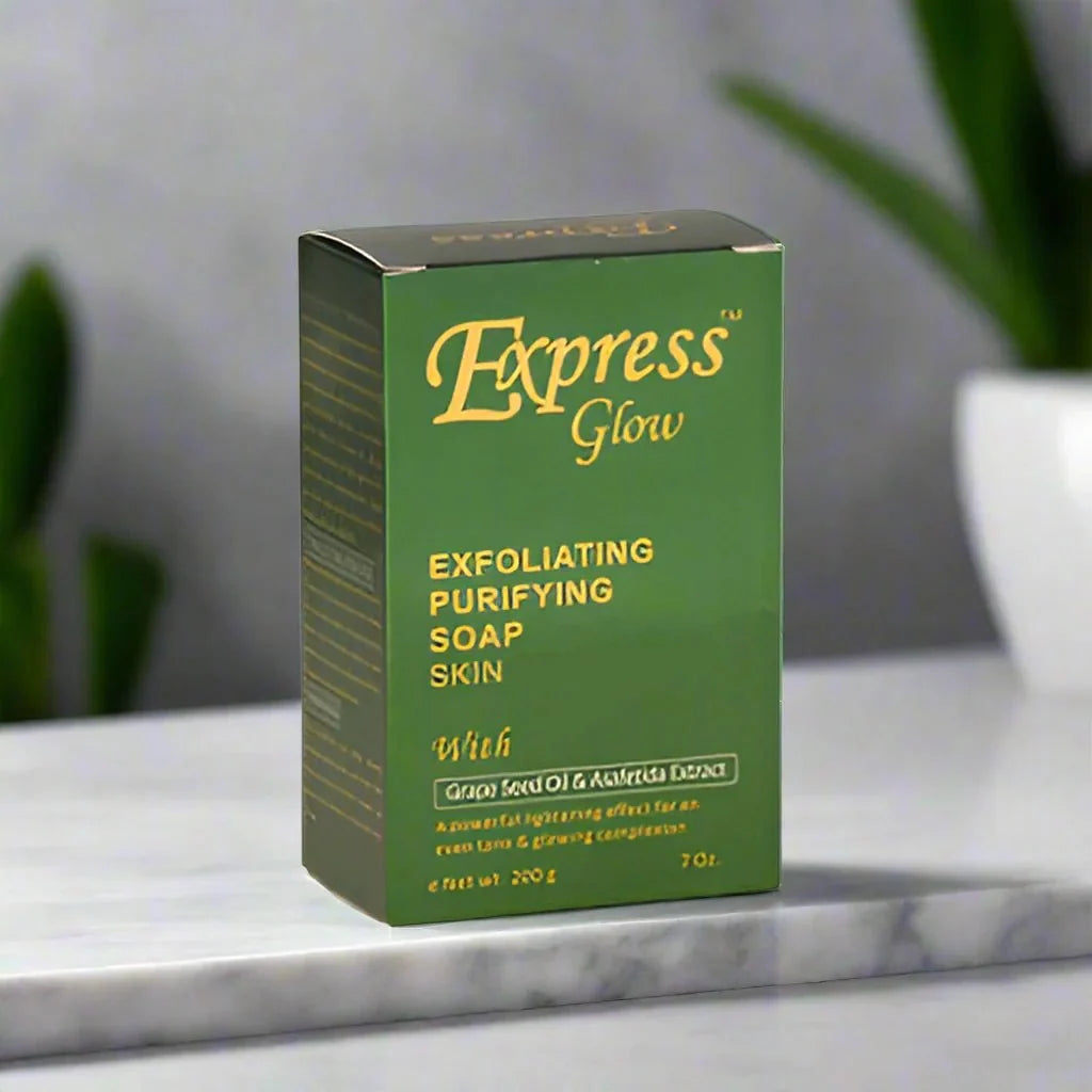 Express Glow cleansing soap bar, 7 oz, featuring a natural soap with a smooth, creamy texture and fresh, clean scent.