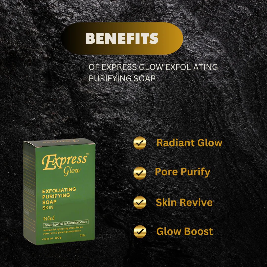 Express Glow cleansing soap bar in a 7 oz package, featuring a smooth, white soap with natural ingredients for glowing skin.
