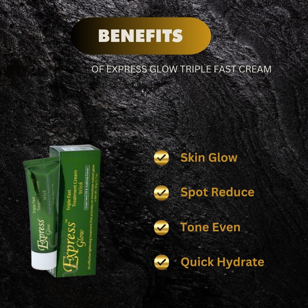 Express Glow face cream in 1.7 oz jar, showcasing smooth, glowing skin with a brightening skincare product.