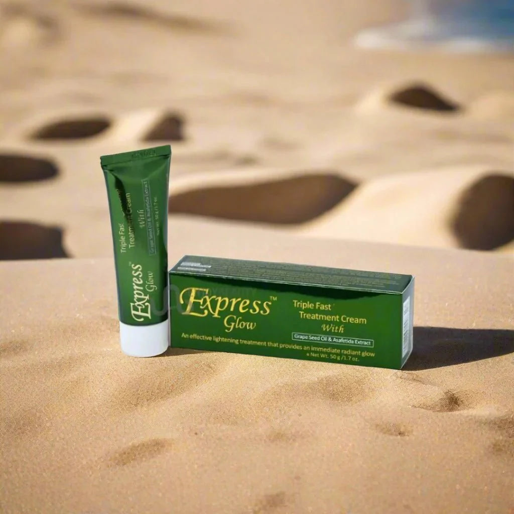 Express Glow face cream in 1.7 oz jar, brightening skincare with a smooth, creamy texture for radiant skin.
