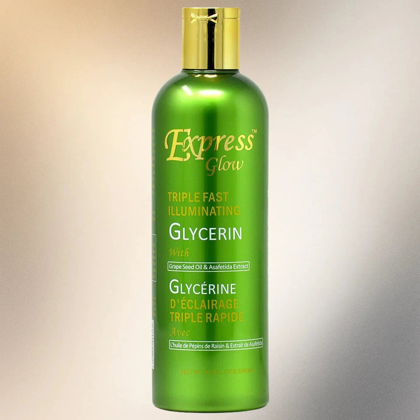 Express Glow Illuminating Glycerin bottle, 16.8 oz, with clear label and cap, showcasing the moisturizing skin care product.