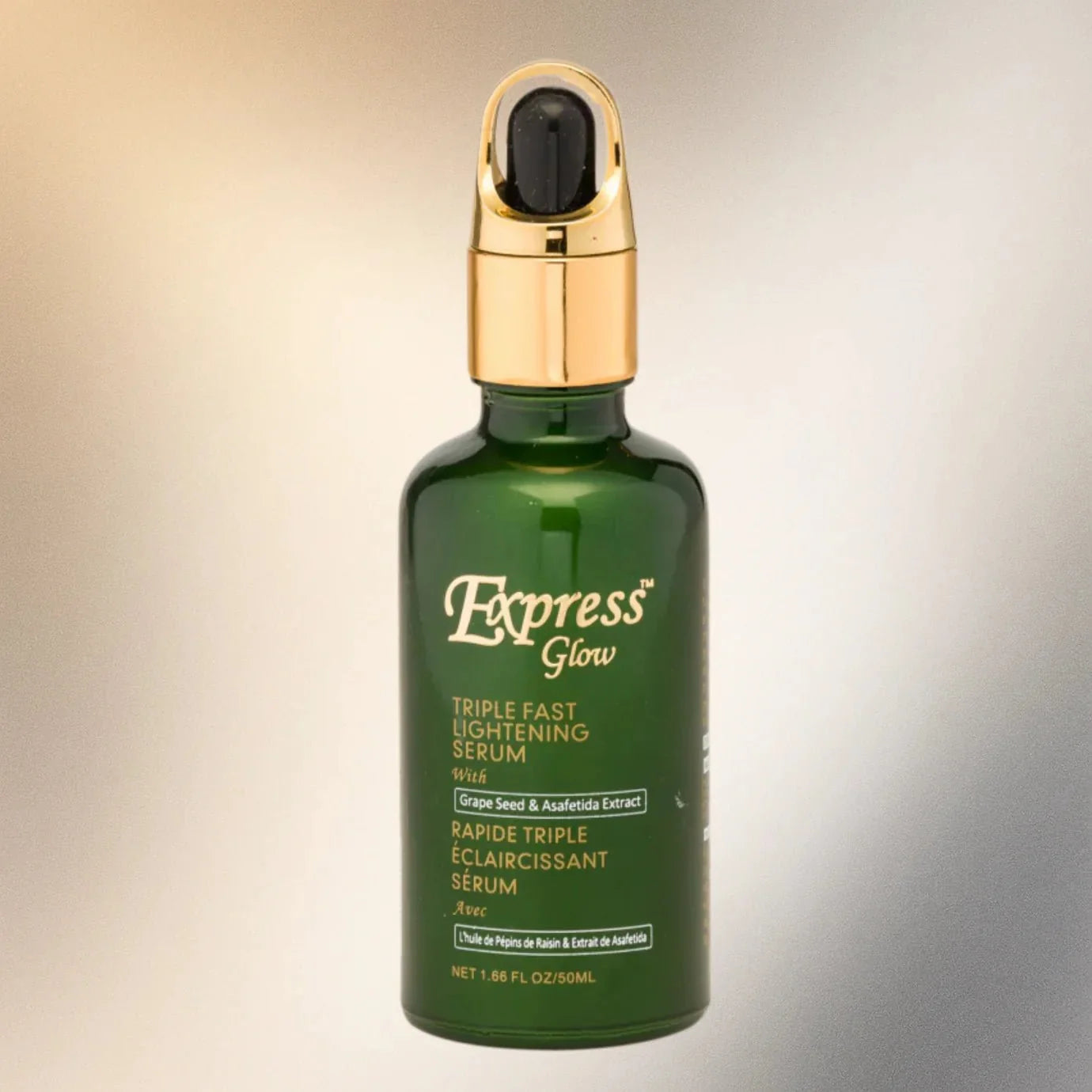Express Glow Serum 1.66 oz bottle with clear packaging and dropper applicator, showcasing a bright, glowing skincare product.