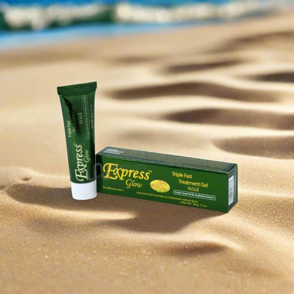 Express Glow Tube Gel 1 oz, a close-up of the clear gel in a white tube with a screw cap, designed for skin care.