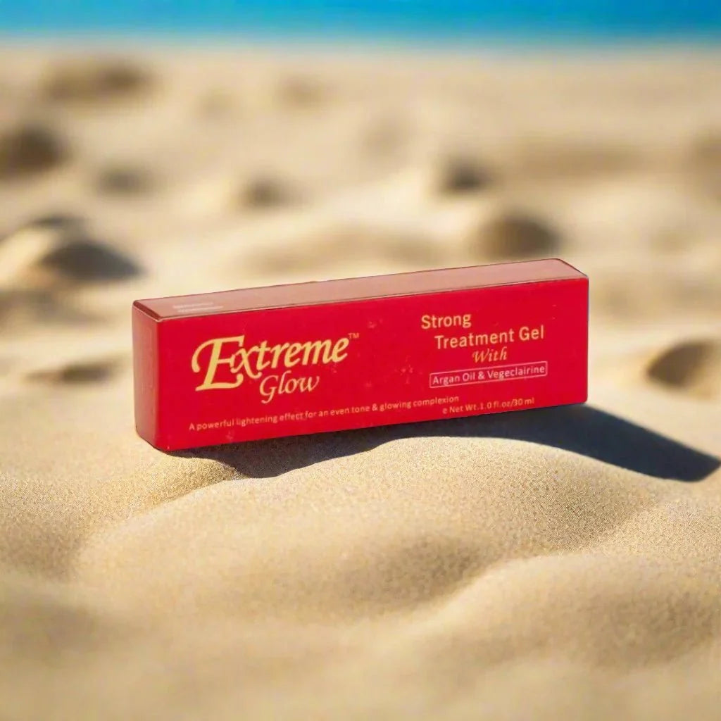 Extreme Glow Strong Gel with Argan Oil and Vegeclairine in 1 oz, showing the transparent gel tube with branding and product details.