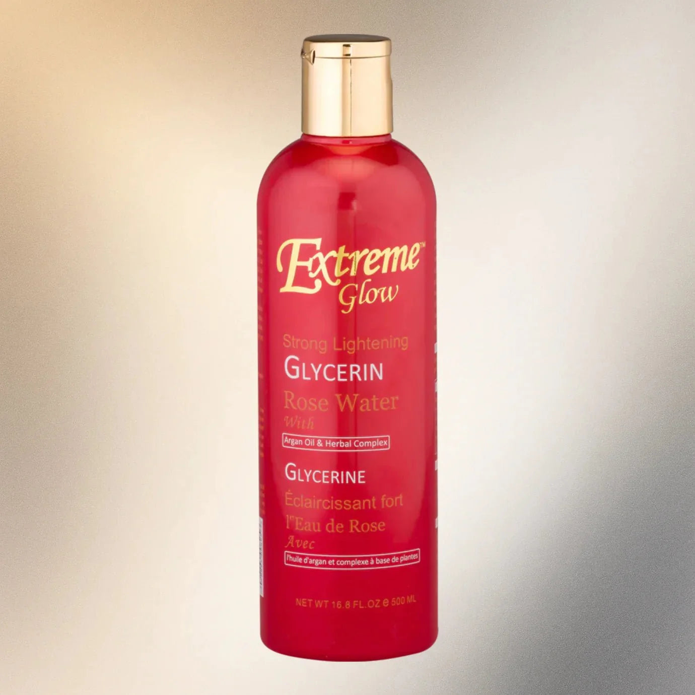 Extreme Glow Glycerin Rose Water with Argan Oil in 16.8 oz bottle, showcasing the clear liquid and natural ingredients inside
