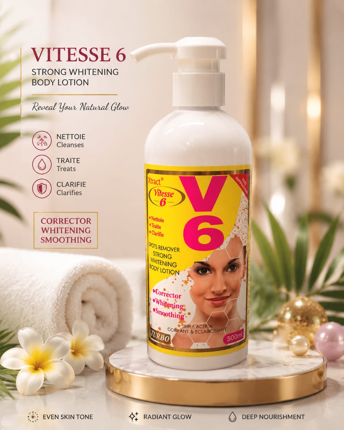 V6 V6 Smoothing & Moisturizing Body Lotion with glutathione, kojic dipalmitate, and apricot extract in a 500ml bottle