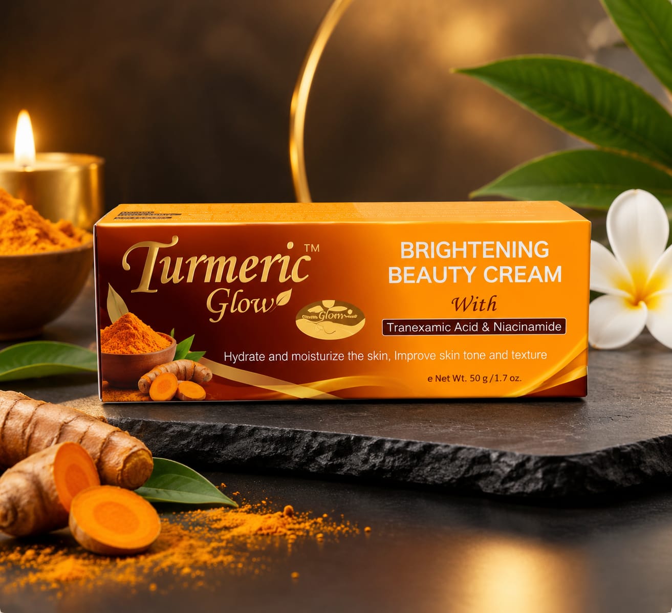Turmeric Glow Beauty Cream 50g jar with a smooth, golden-colored cream inside, showcasing natural turmeric ingredients.