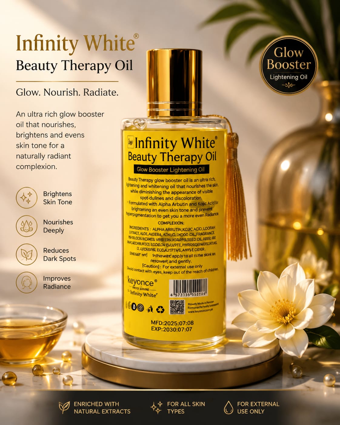 Infinity White beauty therapy body oil with alpha arbutin and kojic, 300 ml, featuring a clear bottle with the oil inside.