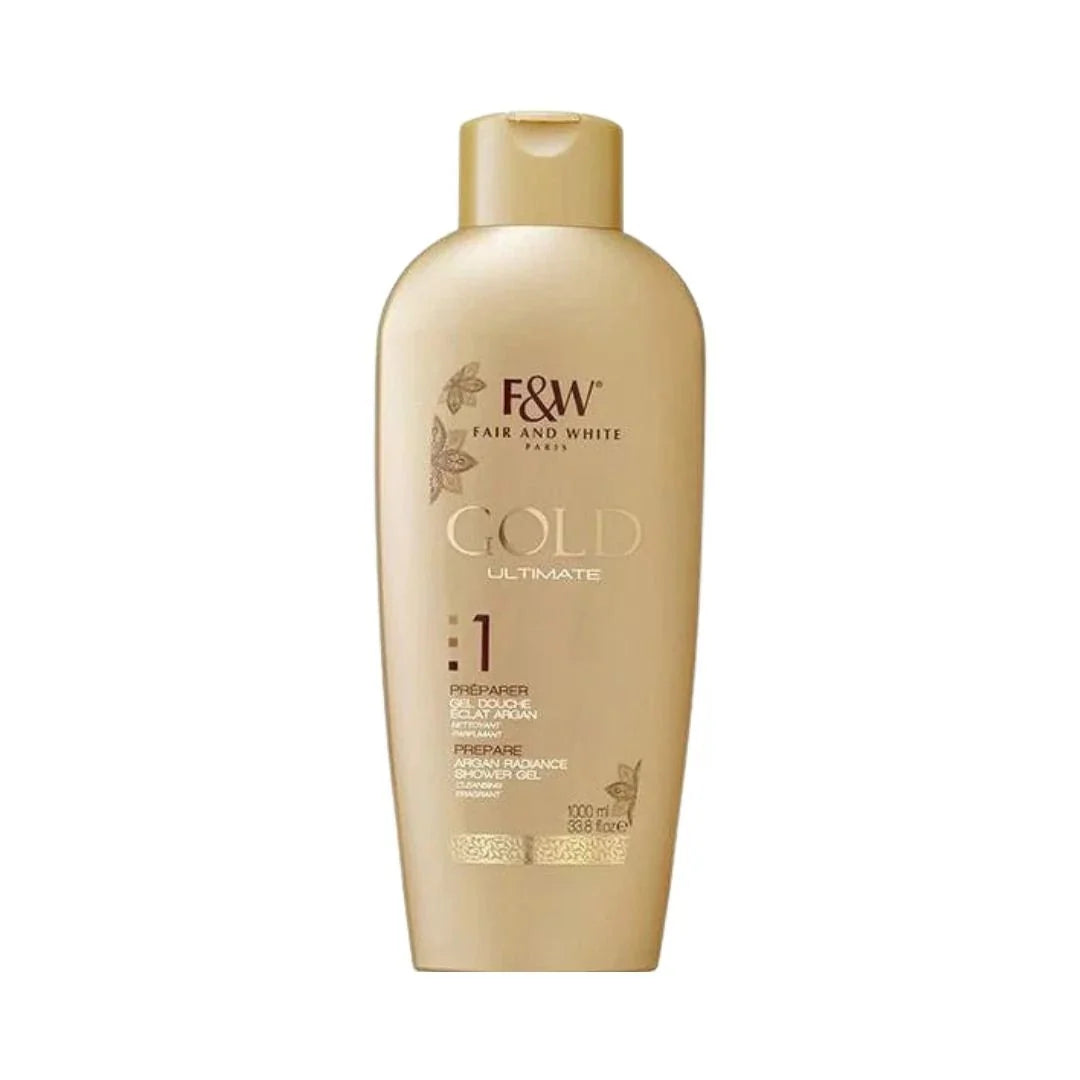 Fair & White Argan Radiance Body Wash 1000ml featuring a sleek bottle with a pump dispenser, designed for daily smoothing skin care.