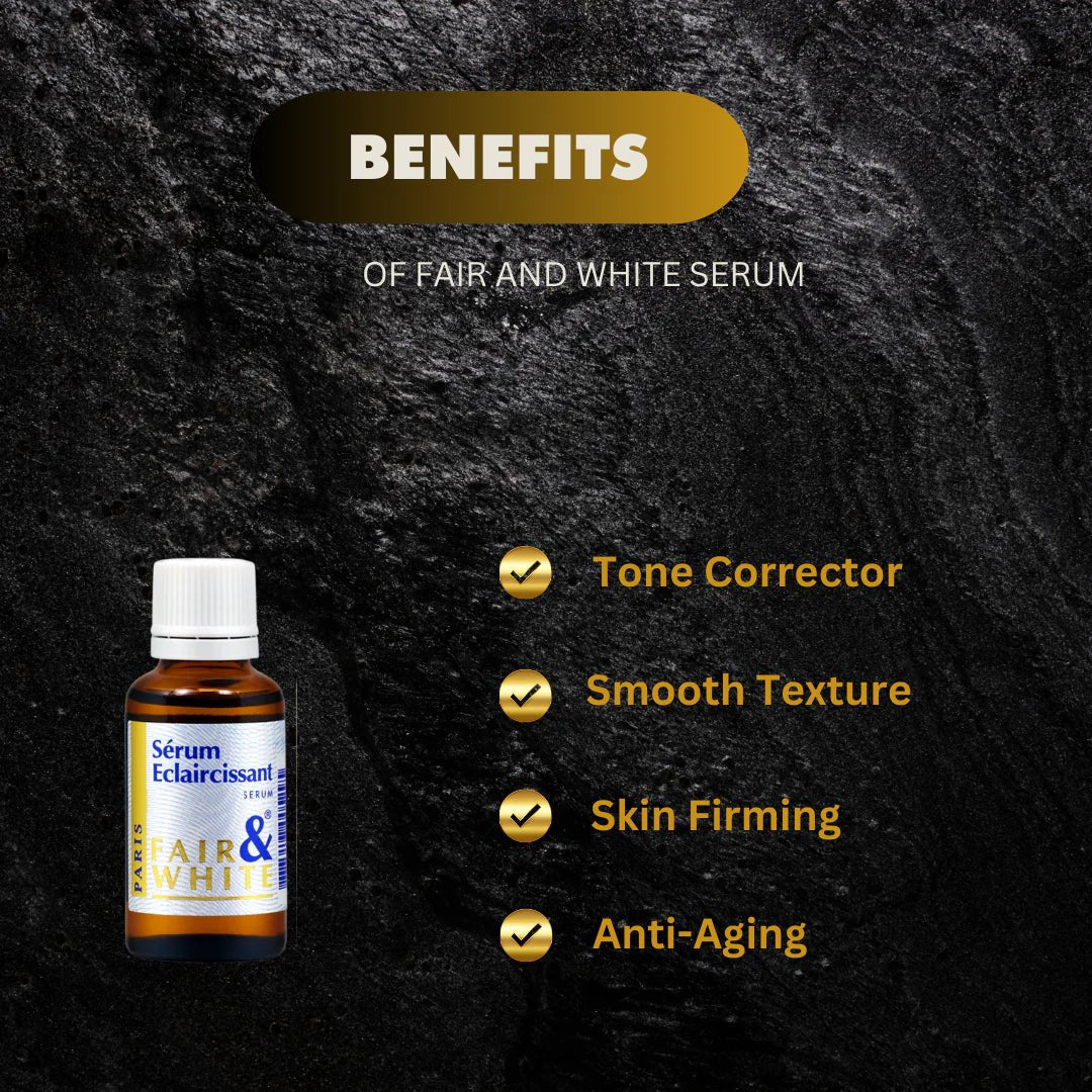 Fair & White Eclaircissant Face Serum 30 ml bottle with white and gold packaging, designed for skin brightening.