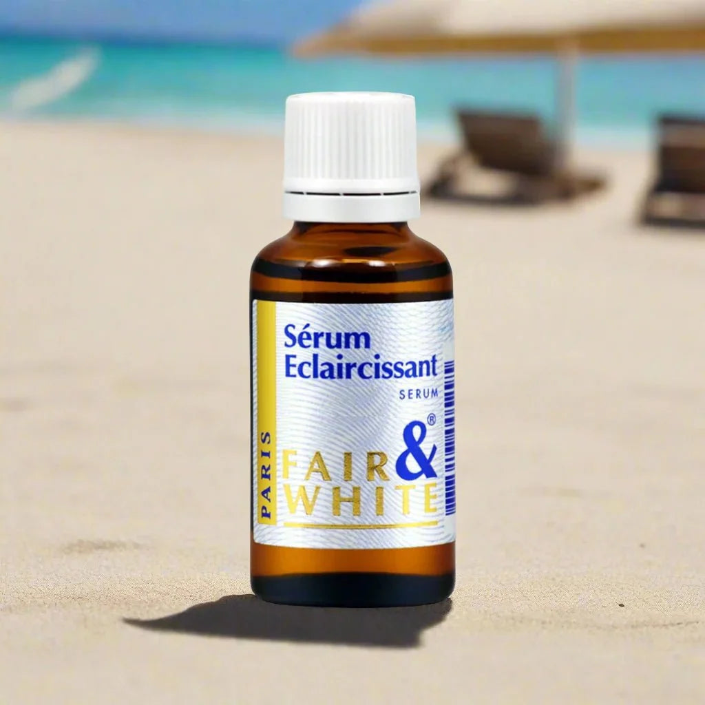 Fair & White Eclaircissant face serum bottle, 30 ml, with sleek design and clear labeling, showing the skincare product on a white background.