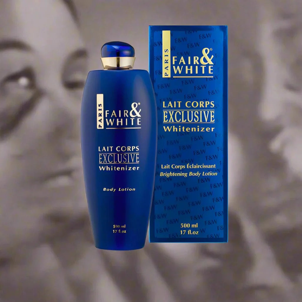Fair & White Exclusive Body Lotion with Vitamin C in a 500ml bottle, featuring a smooth, white lotion for skin brightening.