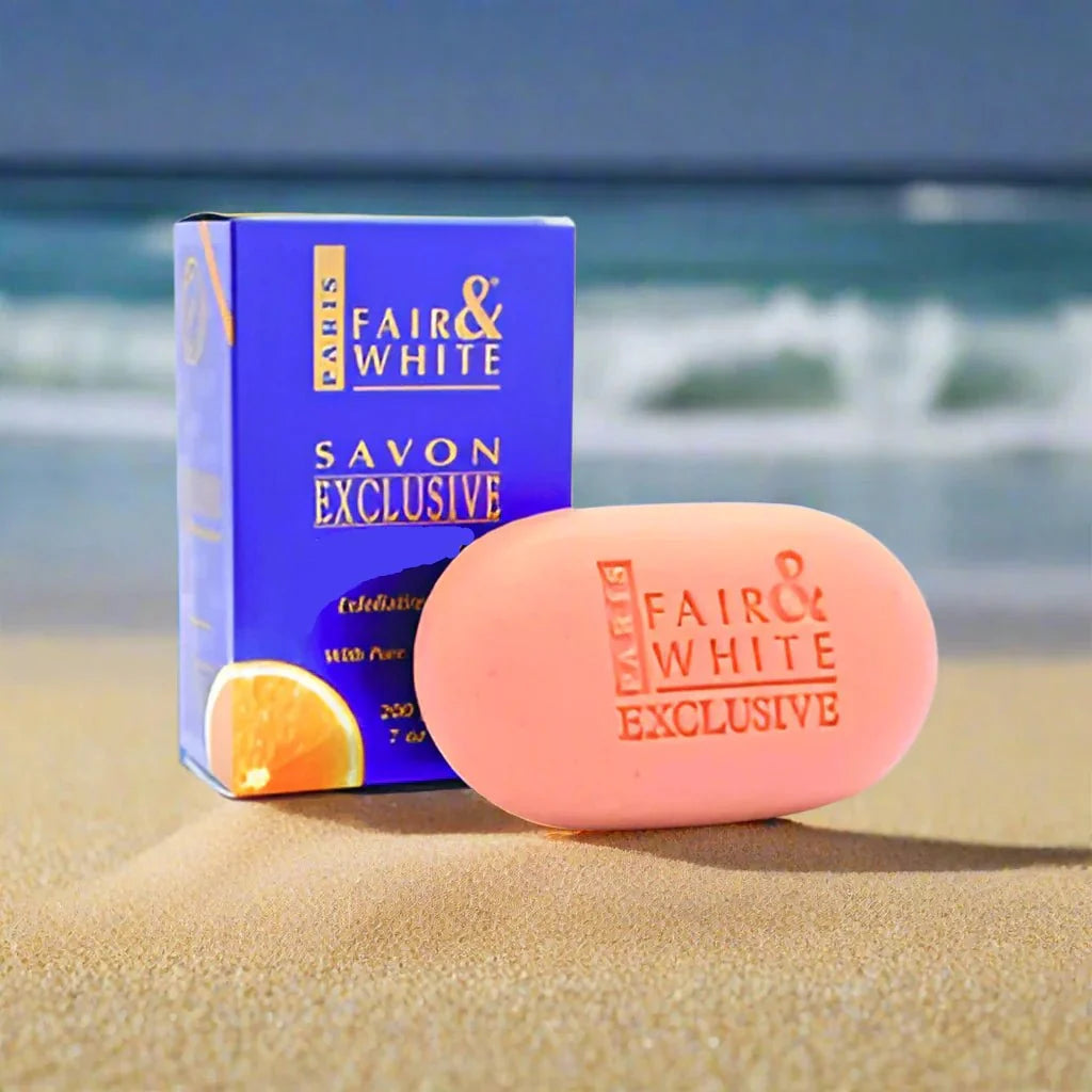Fair & White Exclusive Body Soap with Vitamin C, 7 oz, featuring a sleek white soap bar with vibrant packaging details.