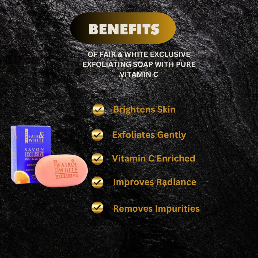 Fair & White Exclusive Body Soap with Vitamin C in a 7 oz bar, featuring a white soap with vibrant packaging.