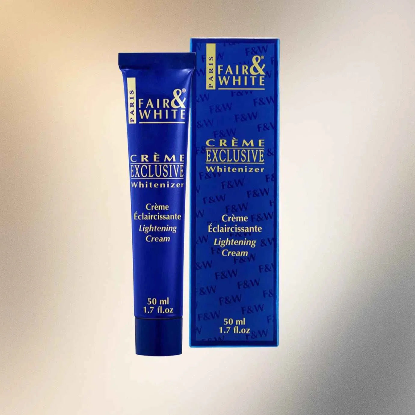 Fair & White Exclusive Face Cream with Vitamin C, 1.7 oz, featuring a white jar with a gold lid and a smooth cream inside.