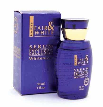 Fair & White Exclusive Face Serum 30ml bottle, clear glass with white and gold label, featuring a dropper for skincare application.