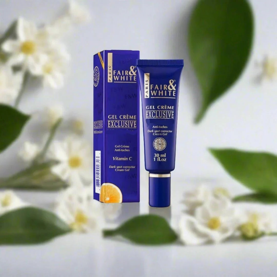 Fair & White Exclusive Gel Cream with Vitamin C in 30ml jar, featuring brightening skincare with vibrant orange packaging.
