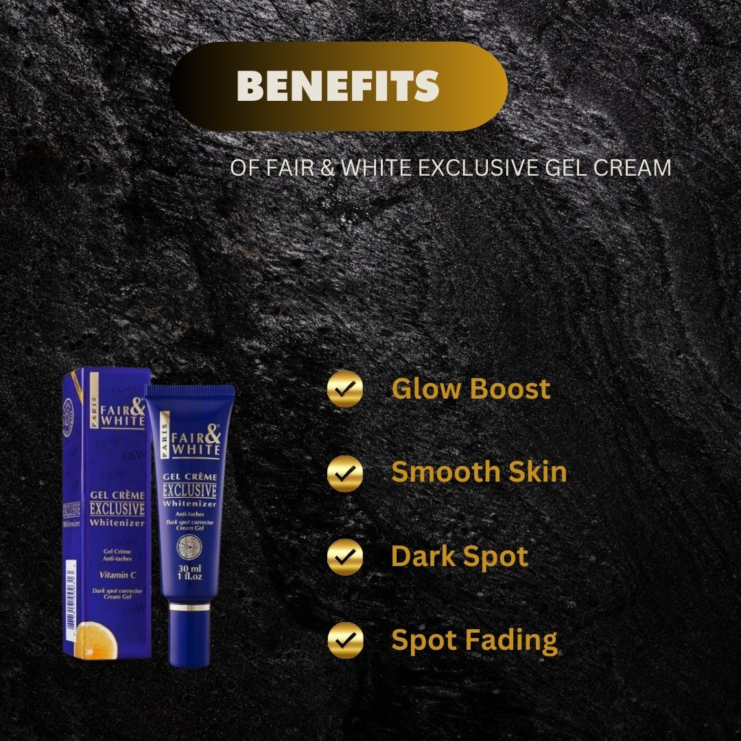 Fair & White Exclusive Gel Cream with Vitamin C in a 30 ml jar, featuring a smooth, translucent gel texture and brightening ingredients.