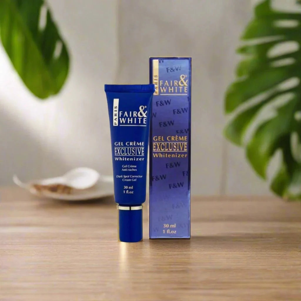 Fair & White Exclusive Radiance Gel 30ml, clear gel with brightening ingredients in a sleek white tube.