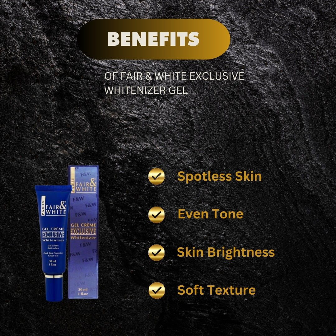 Fair & White Exclusive Radiance Gel in 30 ml container, featuring smooth texture and clear branding on the packaging.