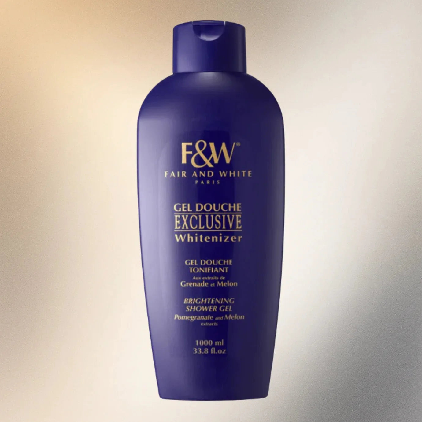 Fair & White Refreshing Shower Gel 33.8 oz bottle, featuring a clear, gentle formula for daily cleansing and skin refreshment.