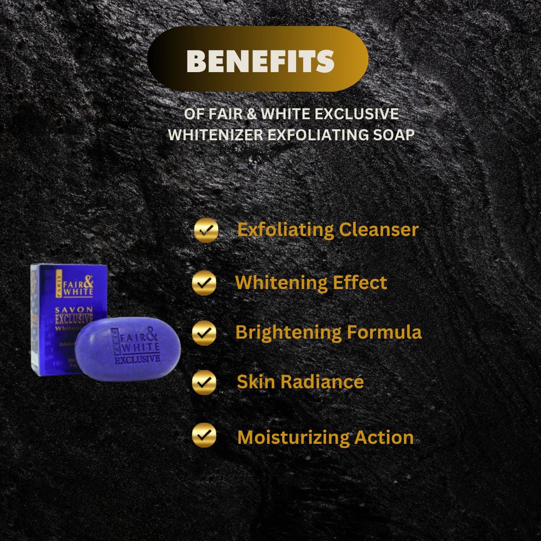 Fair & White Exclusive soap with apricot seed powder, 7 oz, showing the bar with apricot seed embedded in the soap.