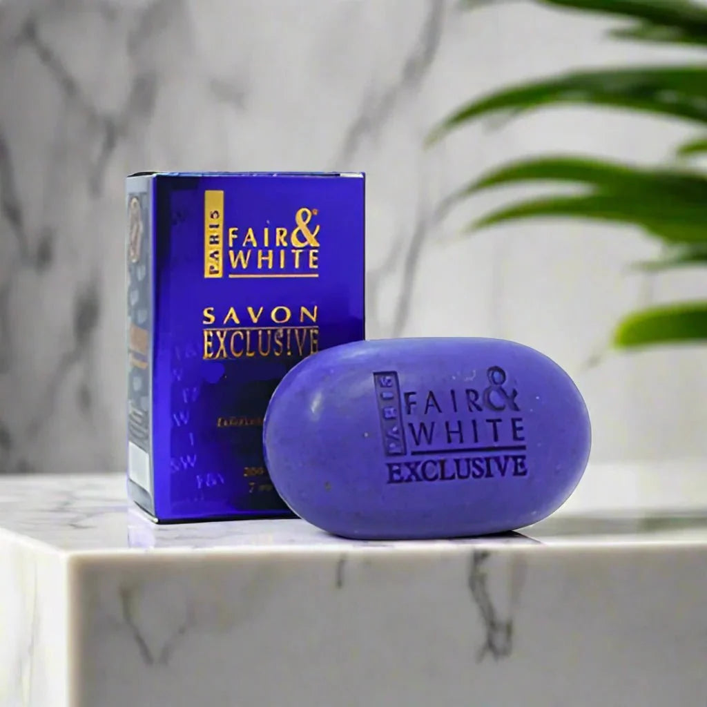 Fair & White Exclusive soap with apricot seed powder, 7 oz, featuring a creamy bar with visible apricot seed pieces for exfoliation