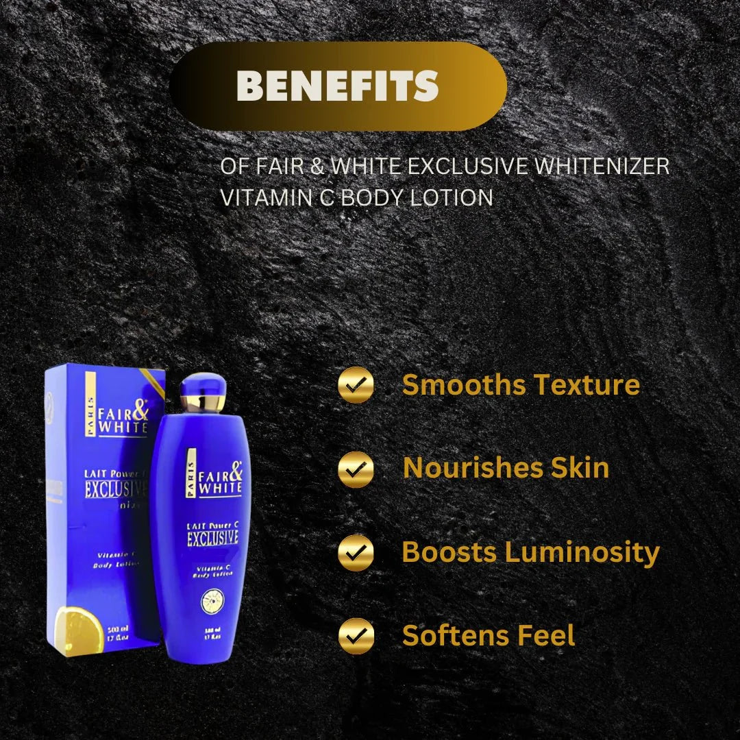 Fair & White Exclusive Vitamin C Body Lotion in 500ml bottle, showcasing smooth, brightening skincare for radiant skin.