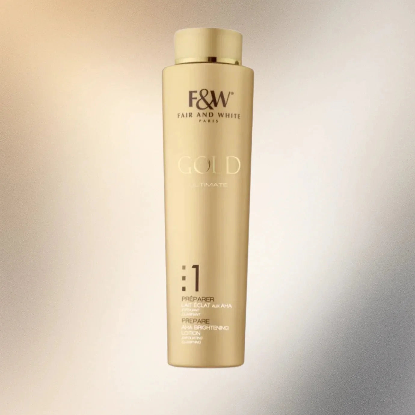Fair & White Gold #1 AHA Body Lotion with Glycolic Acid in 350ml bottle, showing the lotion's packaging and product label.