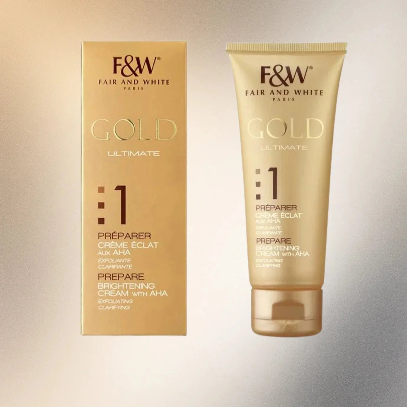 Fair & White Gold #1 Radiance Night Cream with AHA, 2.54 oz, featuring a jar of brightening skincare cream with gold accents.