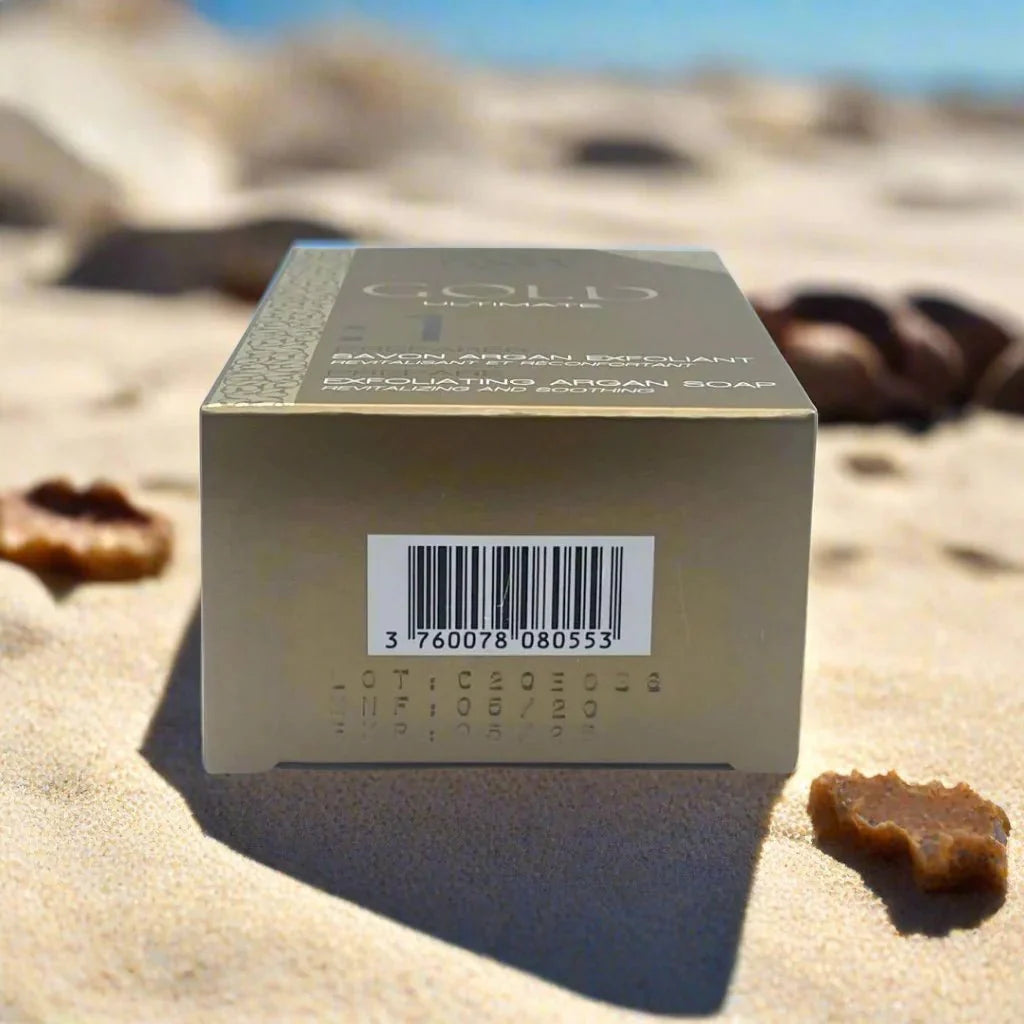 Fair & White Gold #1 Soap with Argan Oil, 200g, showing a white soap bar with gold packaging and Argan Oil ingredients.