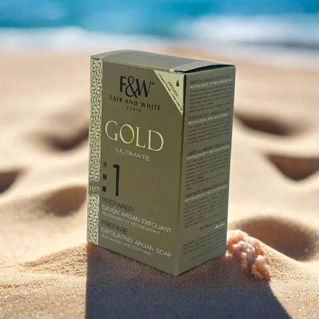 Fair & White Gold #1 Soap with Argan Oil in 200g bar, showcasing the luxurious soap with smooth texture and golden packaging.