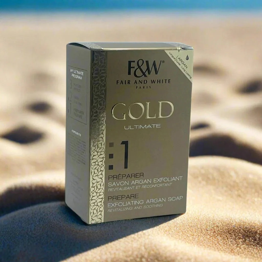 Fair & White Gold #1 Soap with Argan Oil 200g bar showing smooth white soap with a hint of gold packaging and Argan Oil ingredients