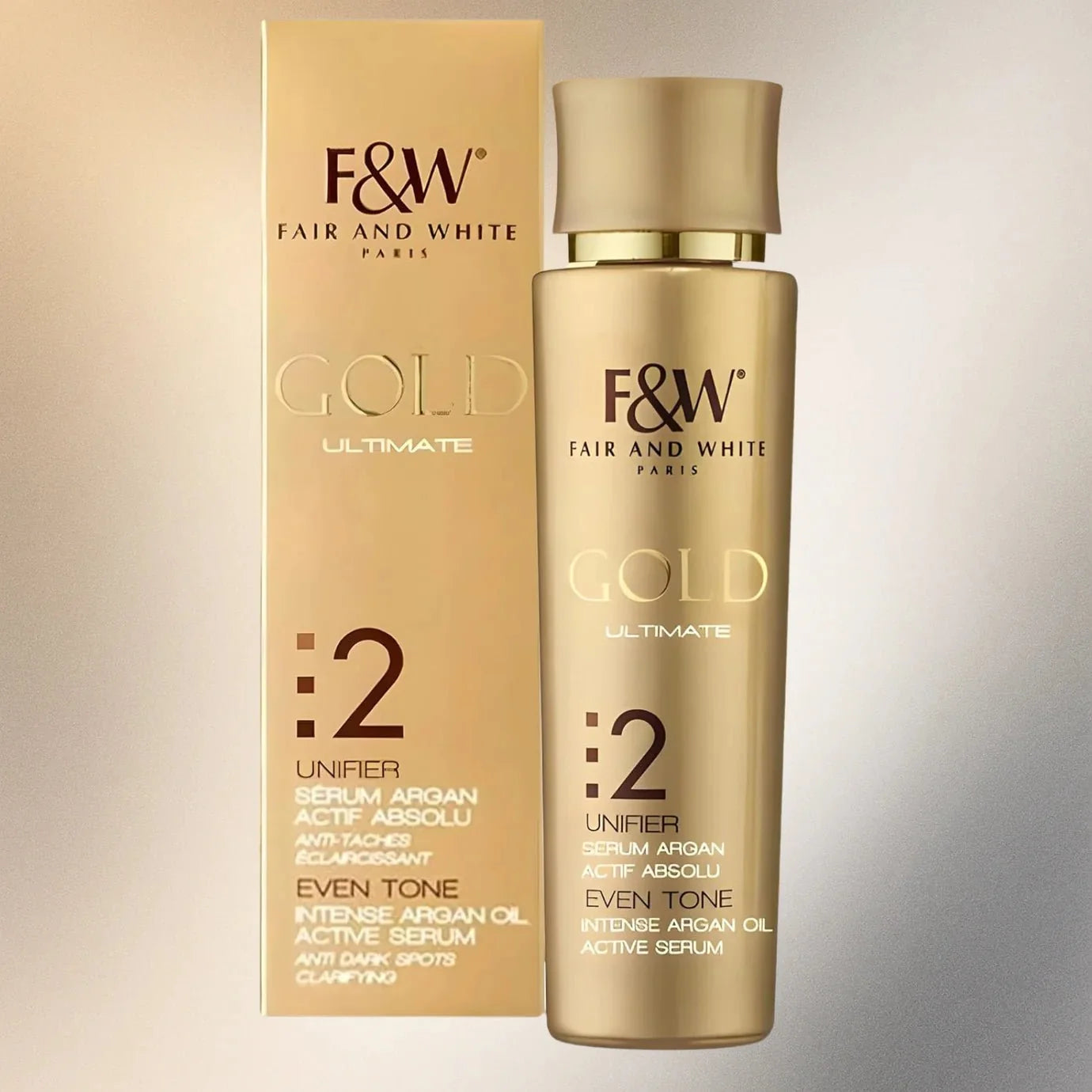 Fair & White Gold #2 Argan Oil Face Serum in 30ml bottle, featuring a sleek packaging and dropper for skincare application.