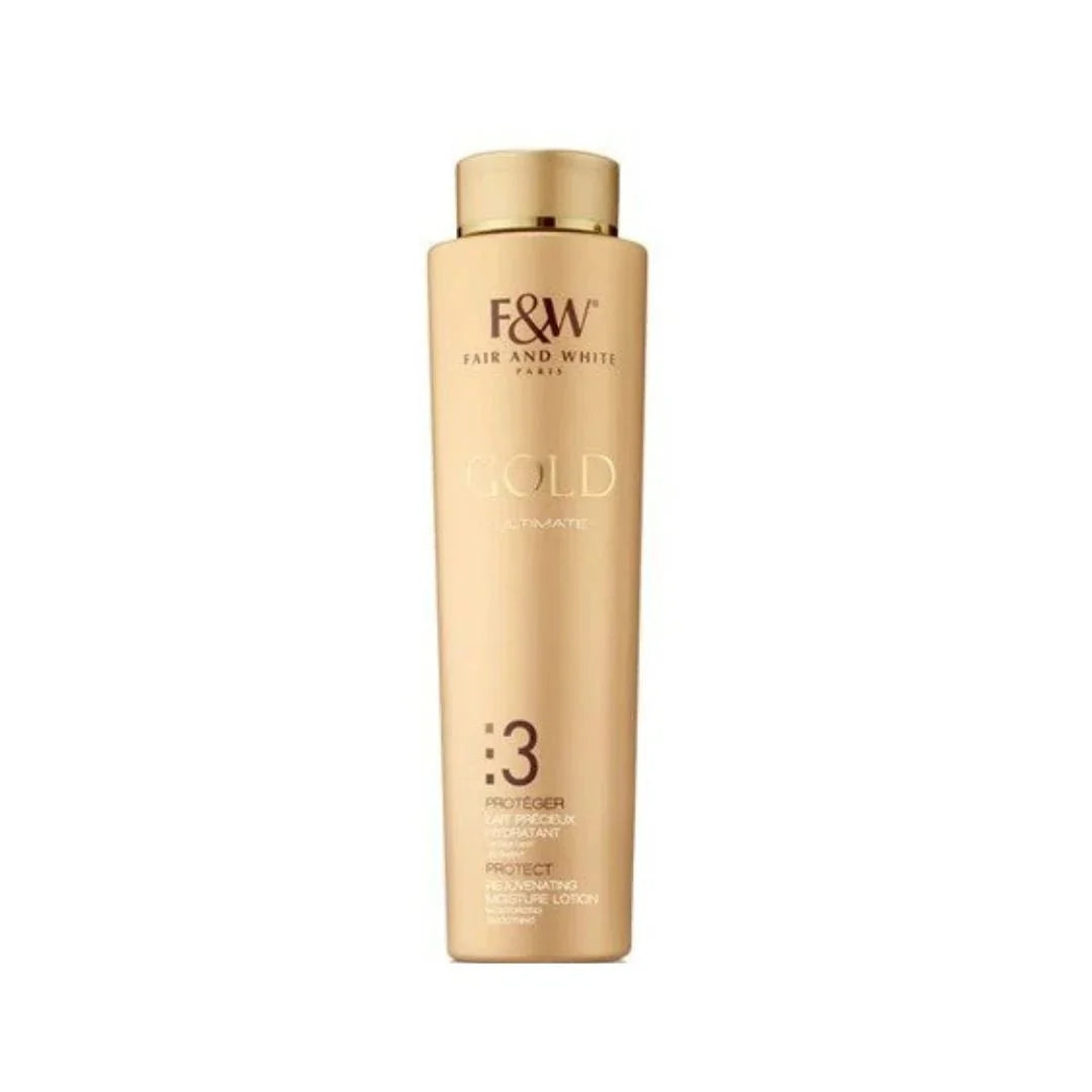 Fair & White Gold 3 Moisturizing Body Lotion in 500ml bottle, featuring golden packaging and smooth lotion texture.