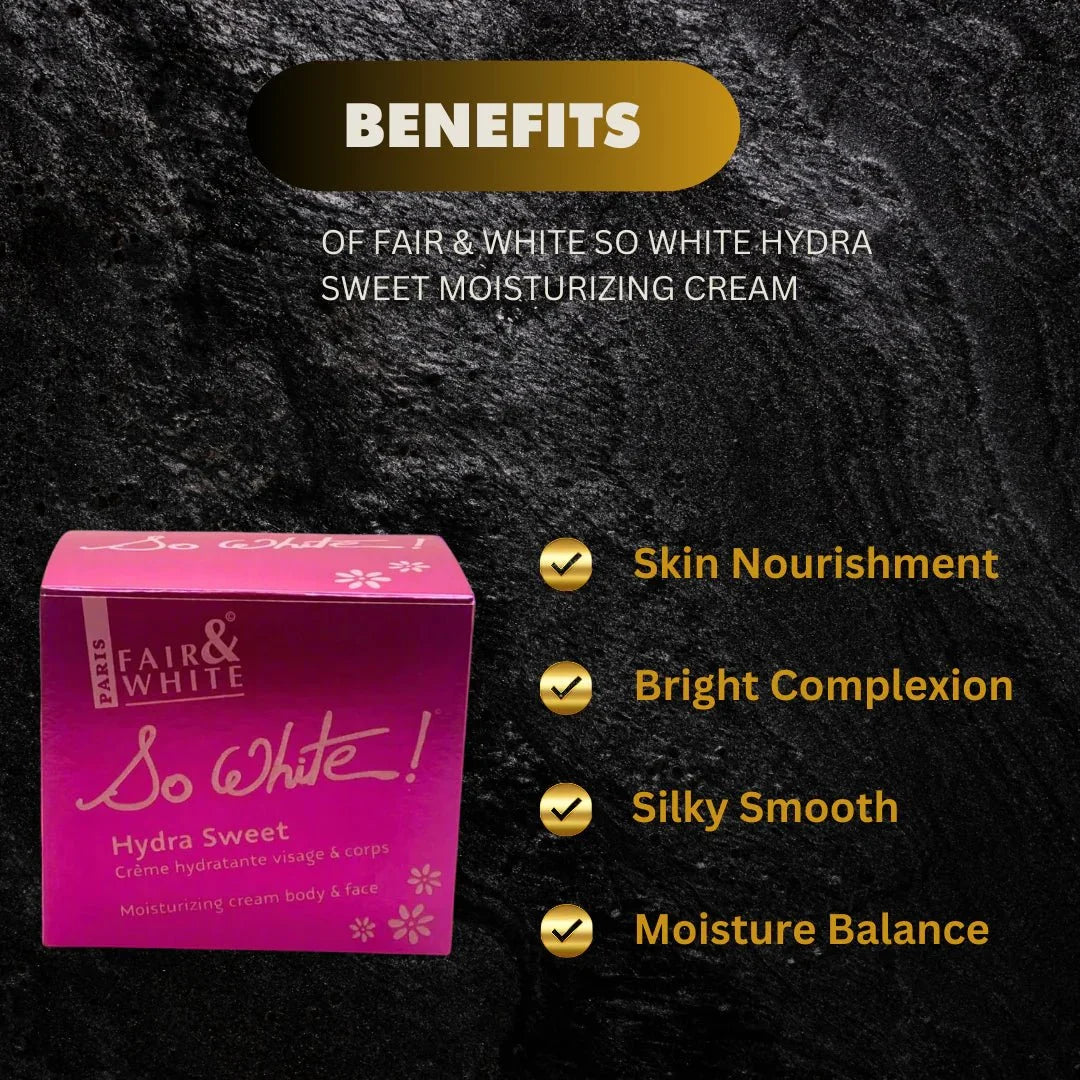 Fair & White Hydra Sweet Moisturizing Body Cream 400ml jar, creamy texture, designed for daily hydration and skin nourishment.