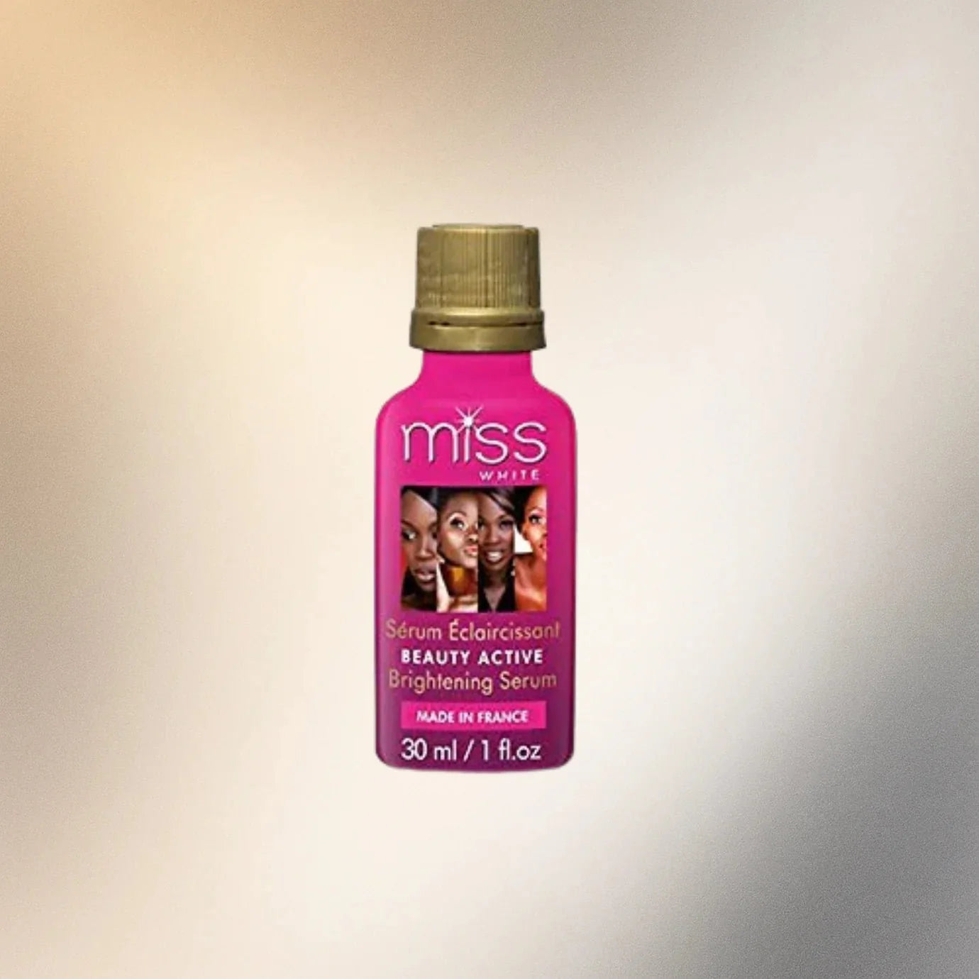 Fair & White Miss White Active Serum in a 1 oz bottle, featuring clear liquid and label with brand and product details.